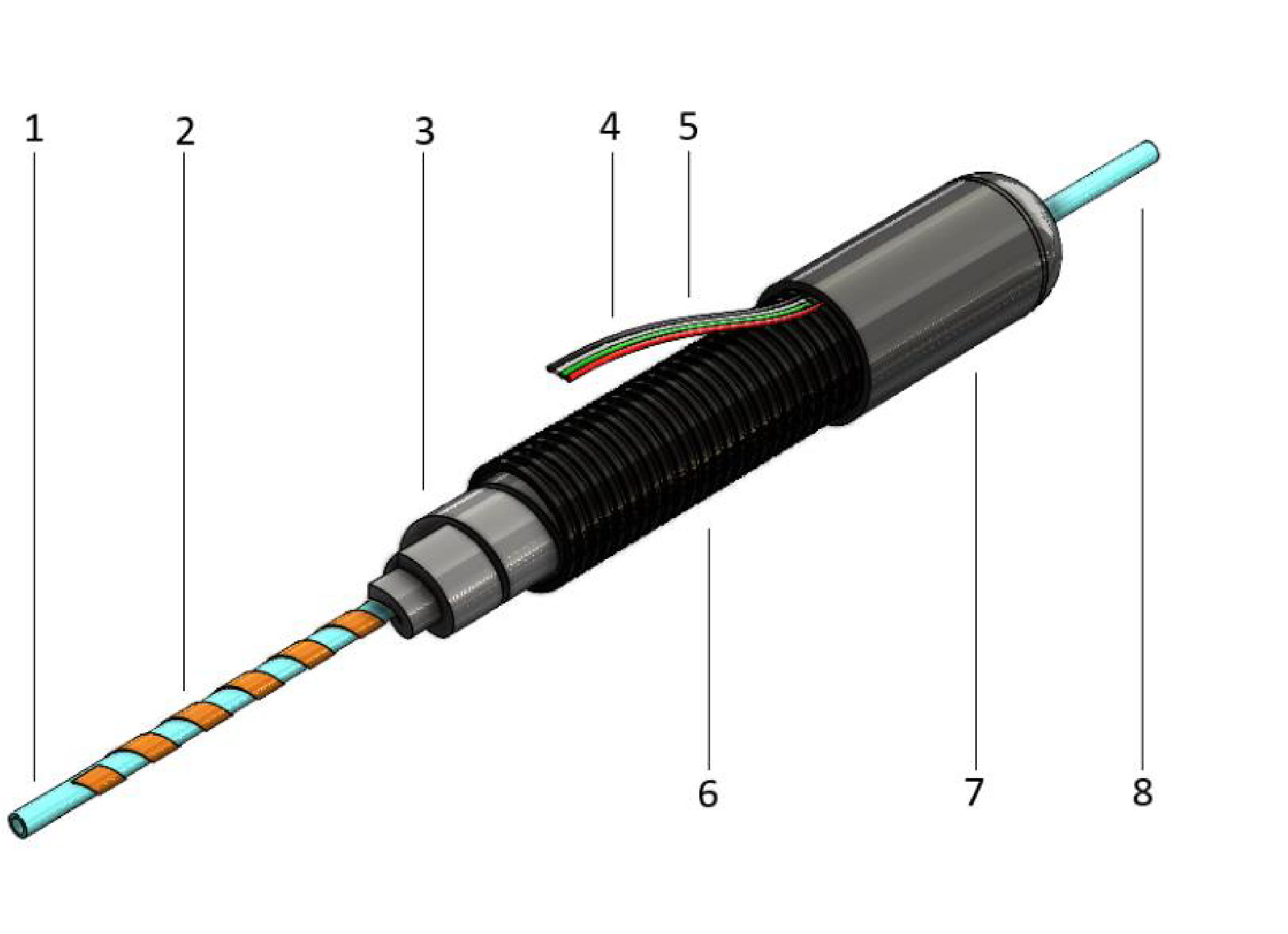 HSL1000 exploded construction diagram: process tube, alloy heater wire on polyimide silicone tape, meta aramid felt insulation, power leads, temperature sensor, outer jacket, end seals, optional end connections