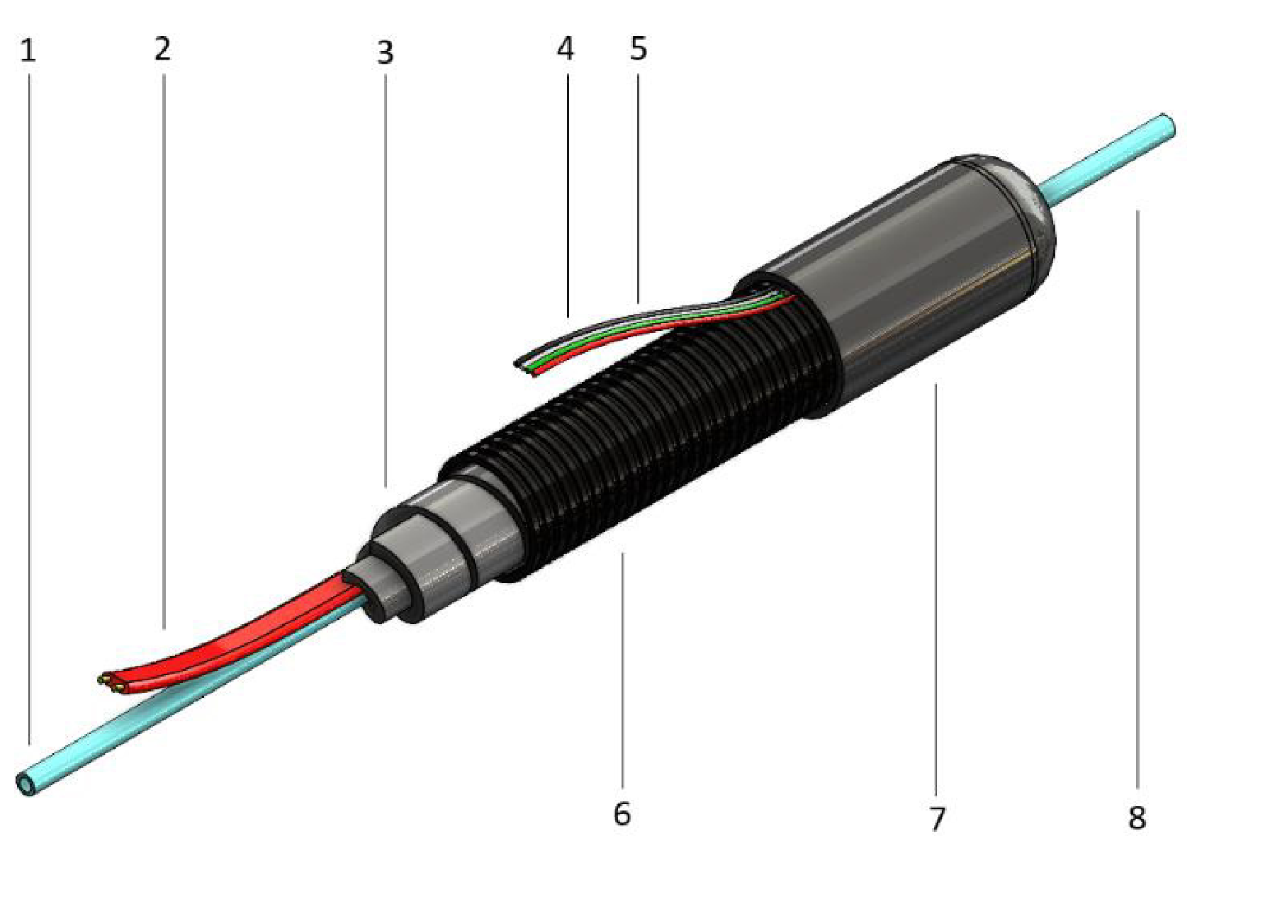 HSL2000 exploded construction diagram: process tube, self-regulating or power-limiting heat cable, meta aramid felt insulation, power leads, optional temperature sensor, outer jacket, end seals, optional end connections