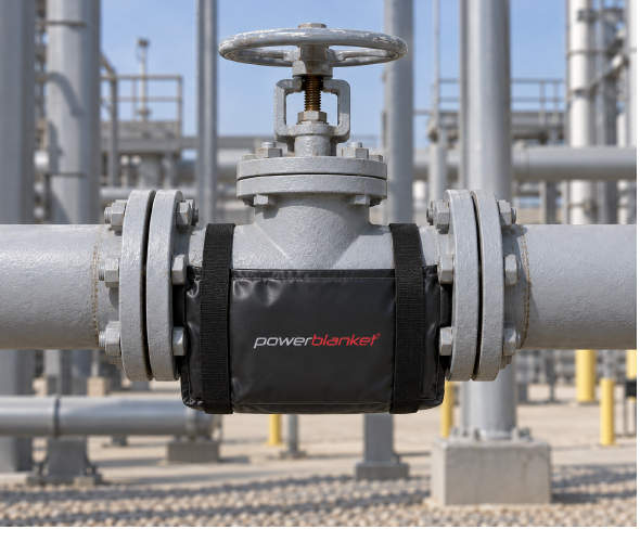 Powerblanket heater strapped directly to a valve body between two pipe flanges