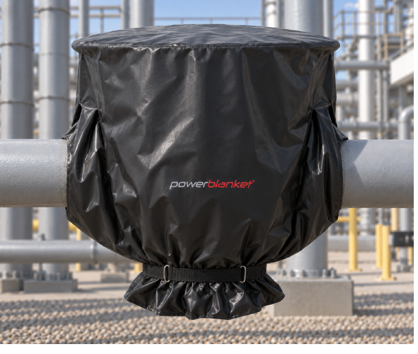 Insulated vinyl QuickFit 360 cover cinched around a pipe assembly outdoors
